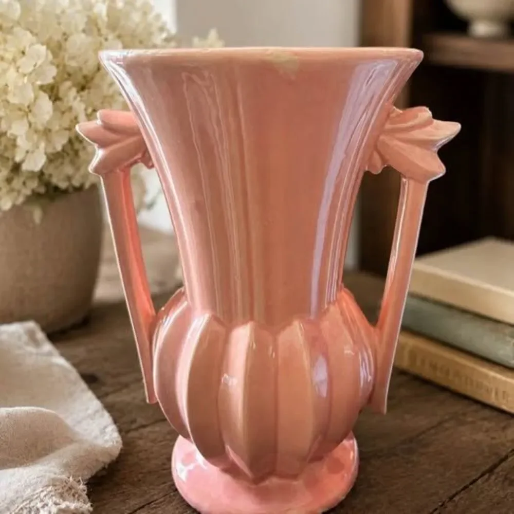 Vintage Pinkish Peach Ceramic Art Deco Style Vase with Ornate Handles
